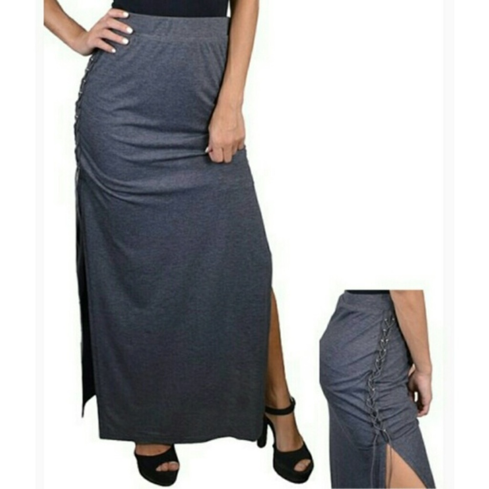Very J Gray High Waist Side Slit Maxi Skirt